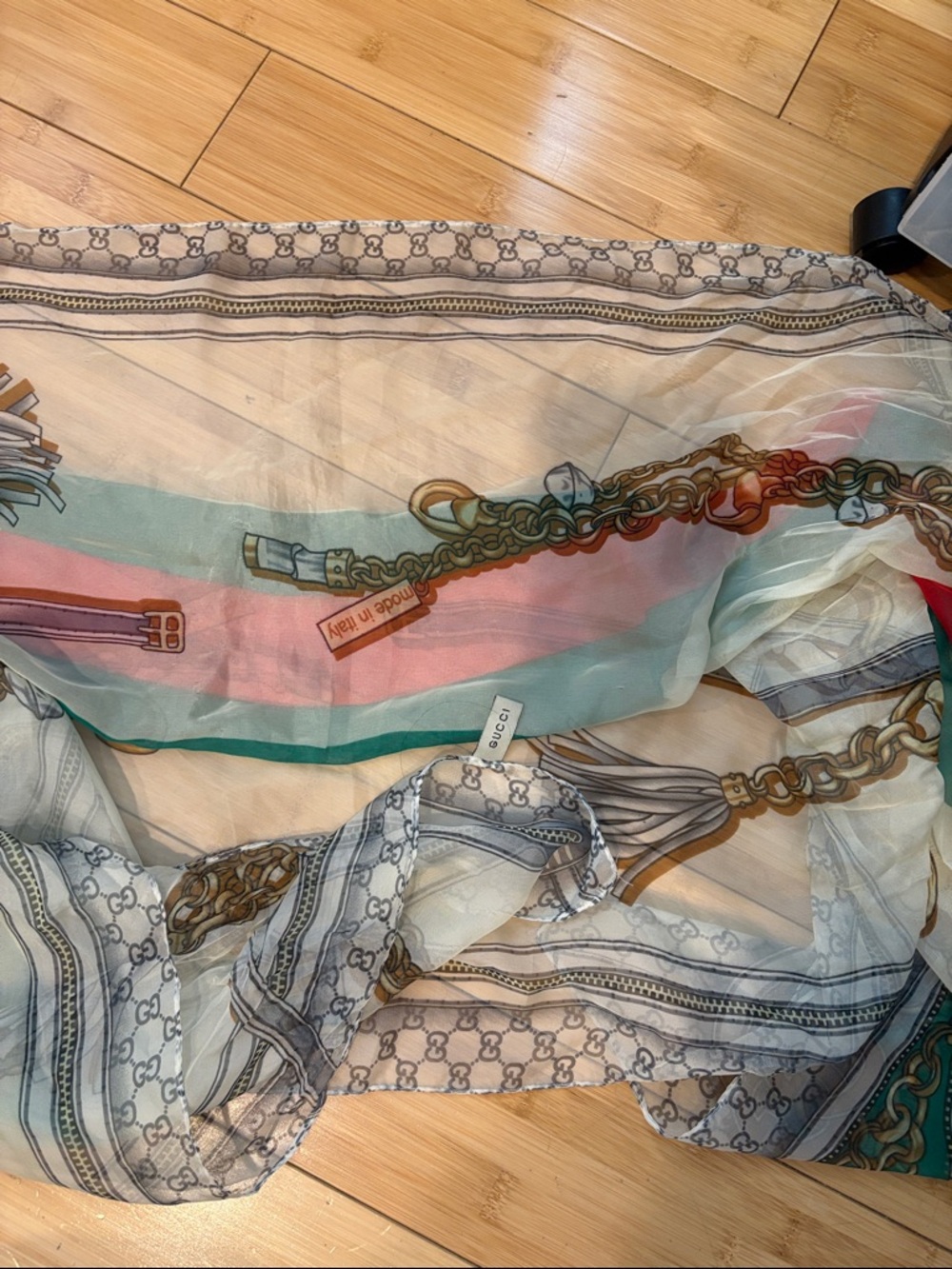 Gucci Pastel Stripe & Chain Silk Scarf - Cream, Pink, Mint, Teal